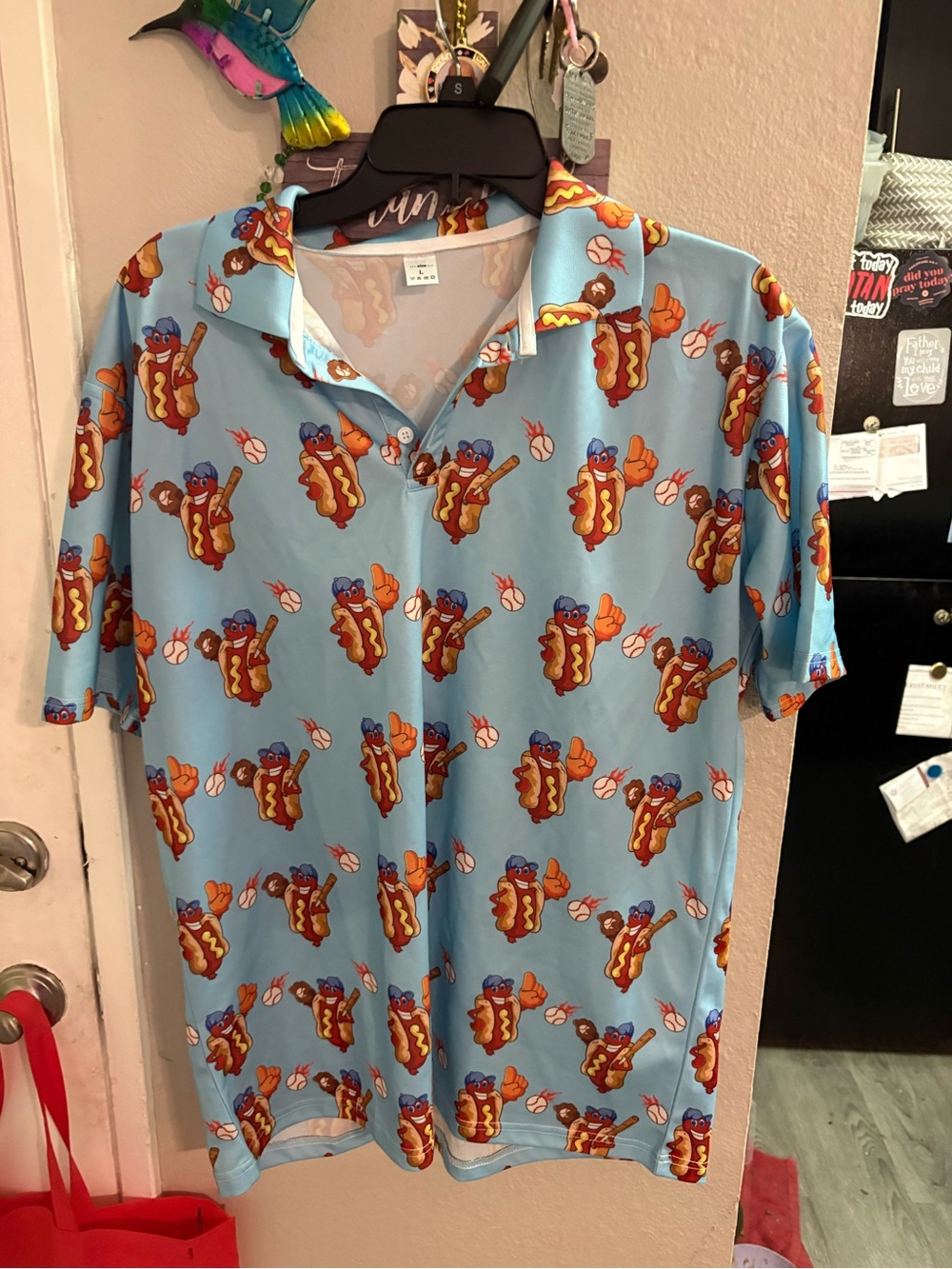 Men's Light Blue Novelty Hot Dog Print Button-Up Shirt